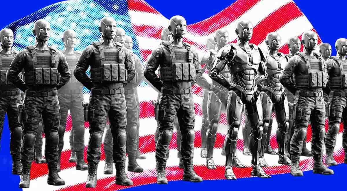 Two rows of digital soldiers lined up in front of a USA flag. 