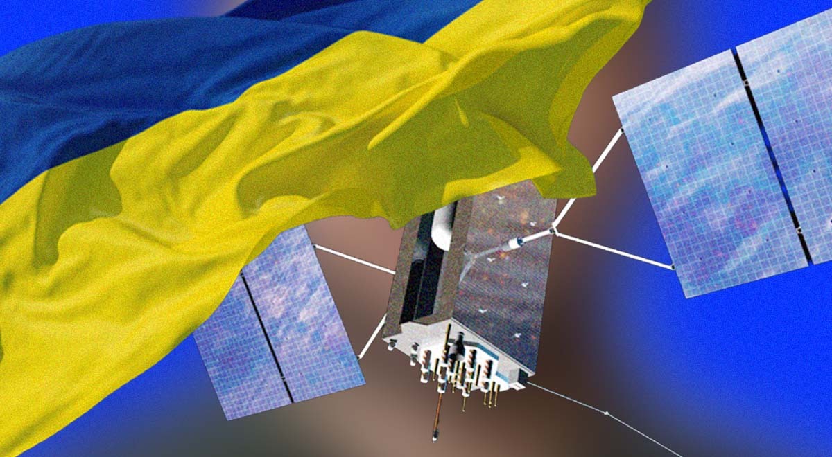 Ukraine flag next to internet satellites.