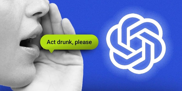 A person holding their hand over their mouth saying "act drunk, please" and ChatGPT logo