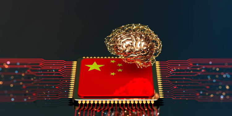 china flag on AI chip, golden brain above, black background