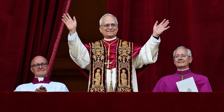 pope leo, red heavy curtains ,vatical balcony, two bishops on left and right