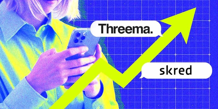 Logos of messaging apps Threema and Skred, a person using a smartphone, up arrow symbol