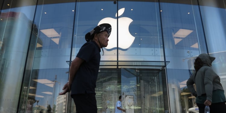 apple store, glass wall, apple logo, old asian man, hands behind back, cowboy hat camouflage print, 