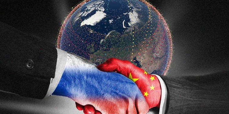 A hand with a Russian flag shaking a hand with a Chinese flag, the planet Earth