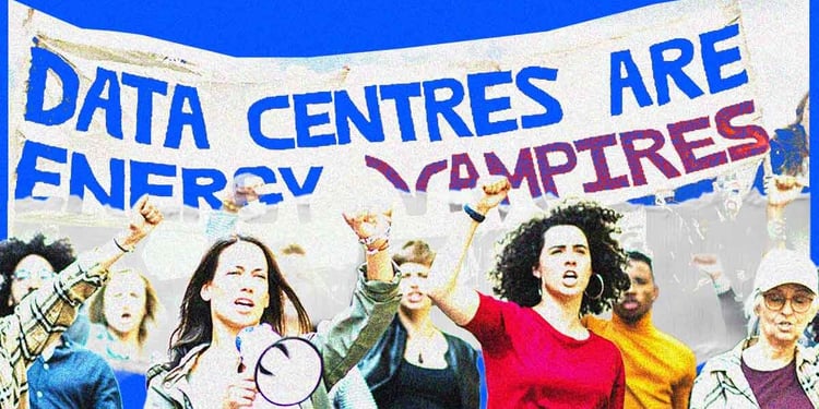 Protestors hold a poster saying "Data centers are energy vampires"