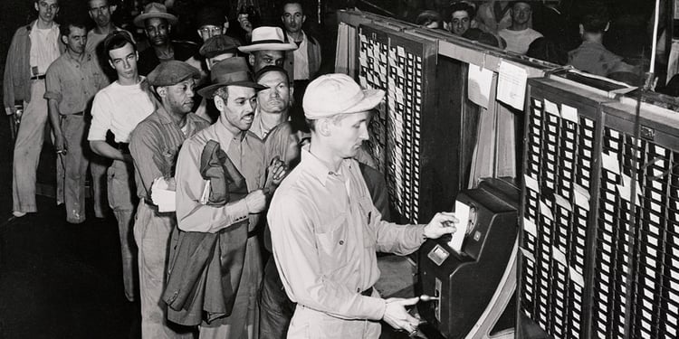 Workers Punching Time Clock at Rouge Plant of Ford Motor Company