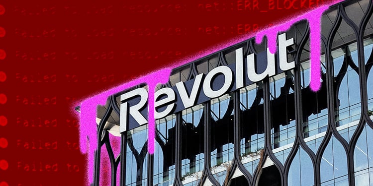 Building with Revolut logo in a red background and dripping pink paint.