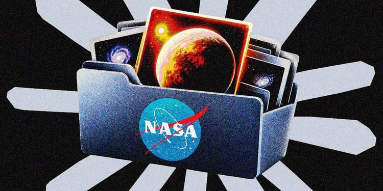 File cabinet labeled NASA, with pictured of Planets, against a backdrop of Claude.