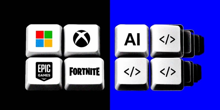 Split-screen of Microsoft and Epic Games' organic efforts and that of AI.