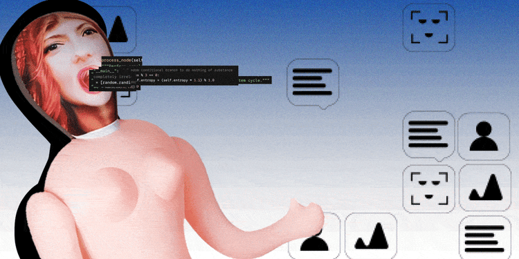 Sex doll with data flowing out of her mouth in front of a blue background