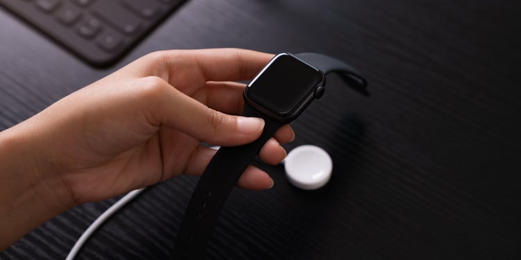 Hand holding Apple Watch charger