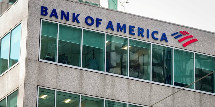 Bank of America's logo adorns the facade of its office in downtown Toronto, Ontario, Canada