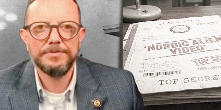 Congressman Eric Burlison next to UFO disclosure files.