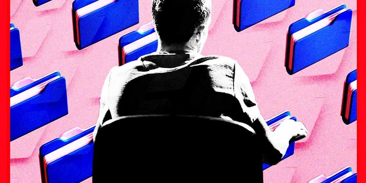 Hacker sitting with file pictograms and pink background