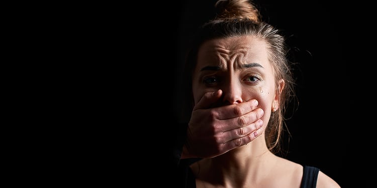 Portrait of stressed unhappy crying woman victim in fear