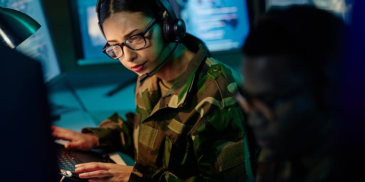 Military control room team, headset and woman with computer and tech for communication