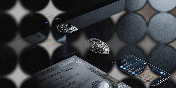 A police badge, commendation, and surreptitious Telegram activity.