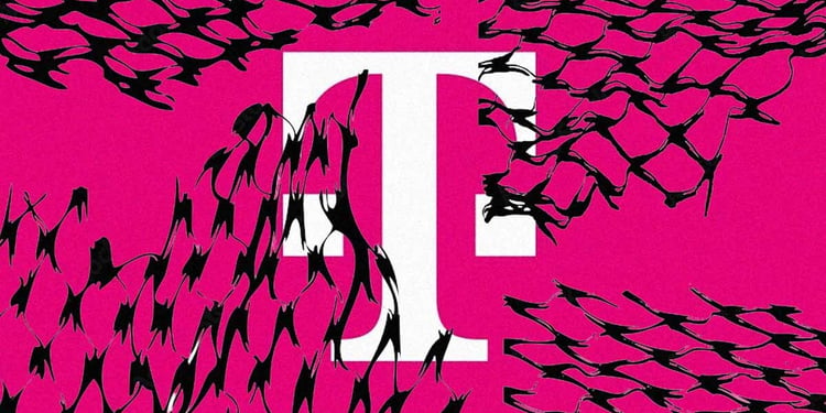 T-systems logo in the pink background with wired fence patterns