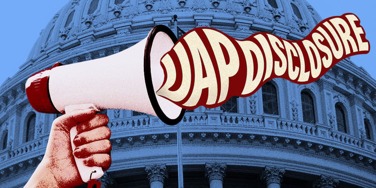 A megaphone sounding off "UAP disclosure" in Washington DC.