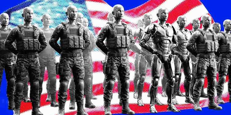 Two rows of digital soldiers lined up in front of a USA flag. 