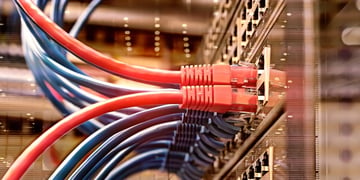 Server rack with blue and red internet patch cord cables connected to black patch panel in data serv