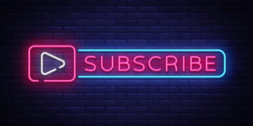 Highlighted play sign and the word subscribe on a dark bricked background
