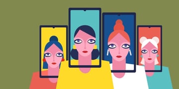 cartoon showing women's faces in a frame of phone screen