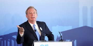 Microsoft President Brad Smith speaks during a company event in Athens, Greece, October 5, 2020.