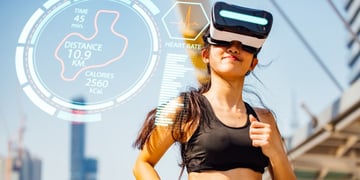 Woman running with VR glasses on