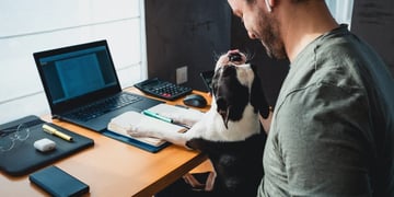 Freelancer man working from home with his dog sitting together in the office.