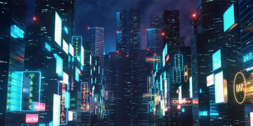 3D Rendering of billboards and advertisement signs at modern buildings in capital city with light re