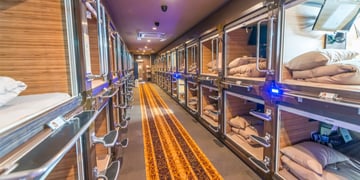 Interior of capsule hotel in city center. Capsule Hotels are less expensive structures very famous i