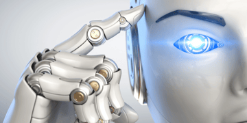 Close-up of a robot pointing to its head
