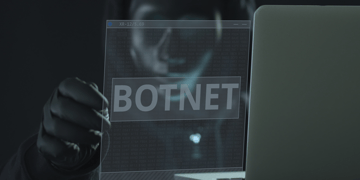 GUy in balaclava next to computer holding up sign that says BotNet