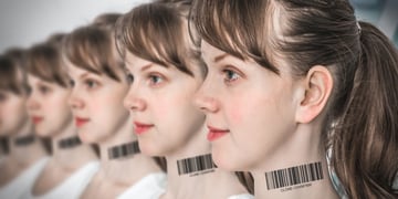 A lot of women in a row with barcode on neck