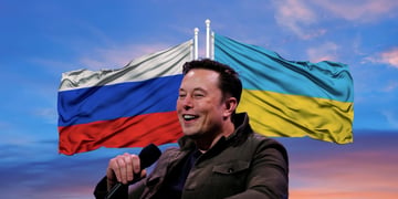 Russian, Ukrainian flags, Elon Musk