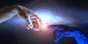 AI hand reaches towards a human hand