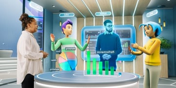 Corporate Business Meeting in Virtual Reality Office Space.