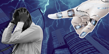 robot hand, laid off worker, skyscraper, stormy sky