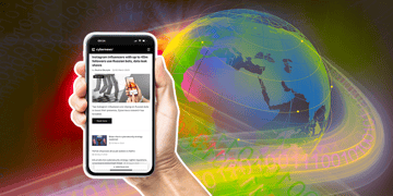 Globe, hands with a mobile phone with Cybernews opened