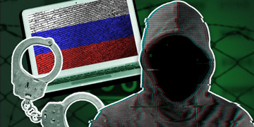 Collage image of hacktivist, handcuffs, and Russian flag