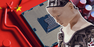 Chip with chinese flag in the background, robot in the foreground