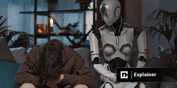 sad boy lost game to an android AI robot