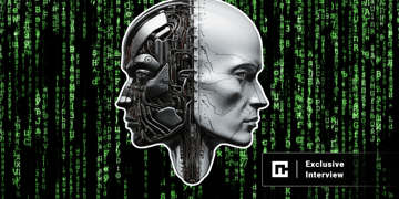 Two robot faces, matrix background