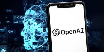 OpenAI logo with robot head in background