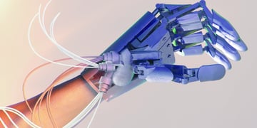 A prosthetic arm attached to a real arm