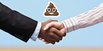 people shaking hands and poop emoji