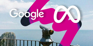 Google and Meta logos next to telescope.
