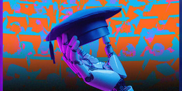 A robot holding a graduate's hat in an auditorium.