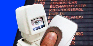Iris and fingerprint scanners in front of a departures board at the airport.